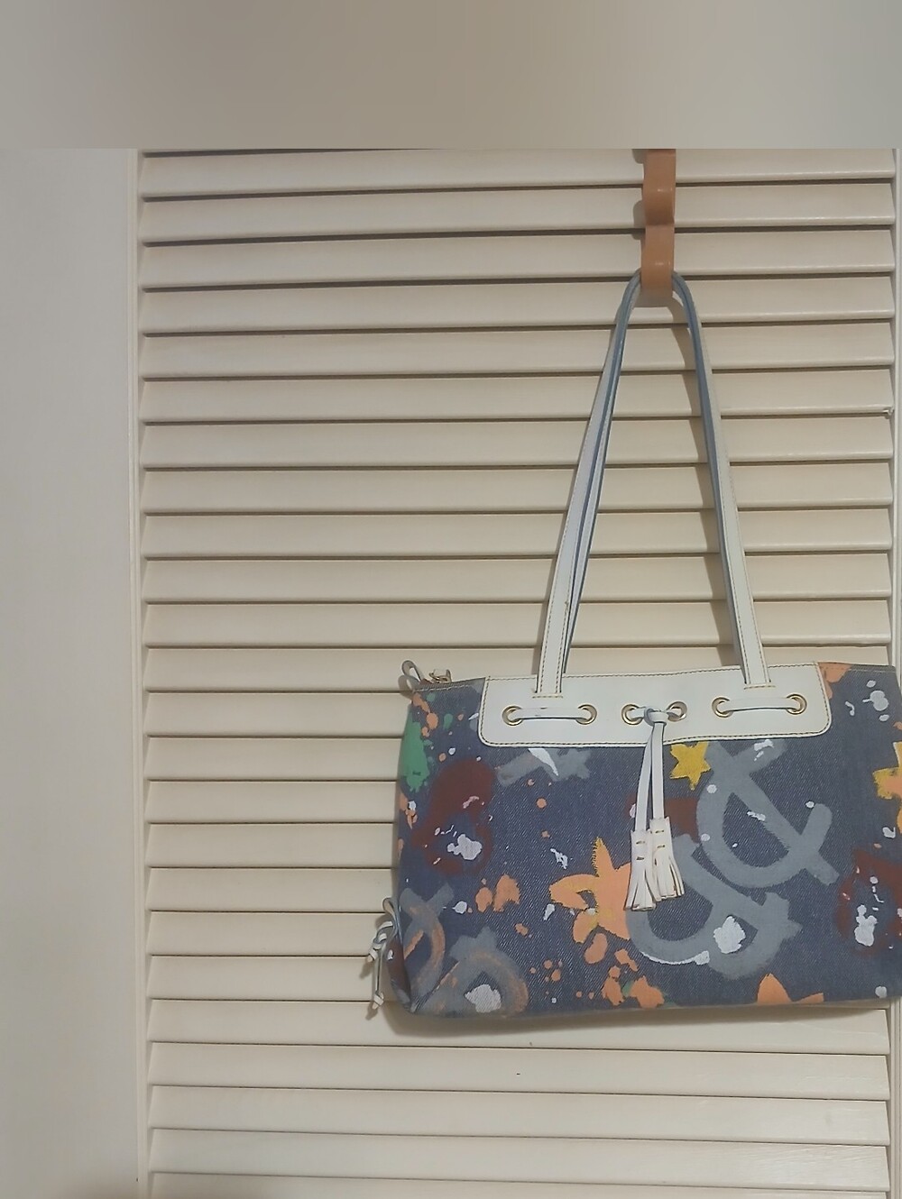 Dooney And Bourke Splash Denim Tote Bag with White Leather Trim